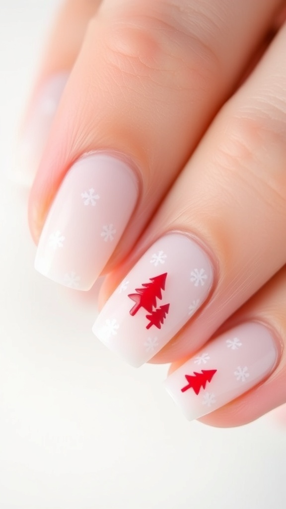 Minimalist Christmas nail art with snowflakes and Christmas trees on short nails.